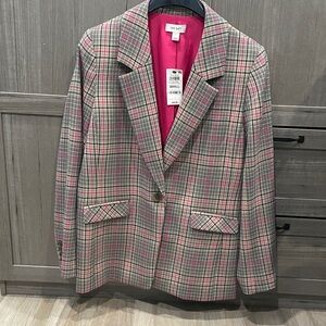On 34th Plaid Boyfriend Blazer Plaid with Pink Accents Small NWT